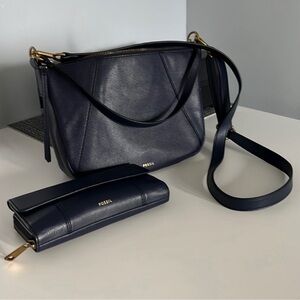 NWT Fossil Dark Blue Crossbody Bag and Wallet Set
